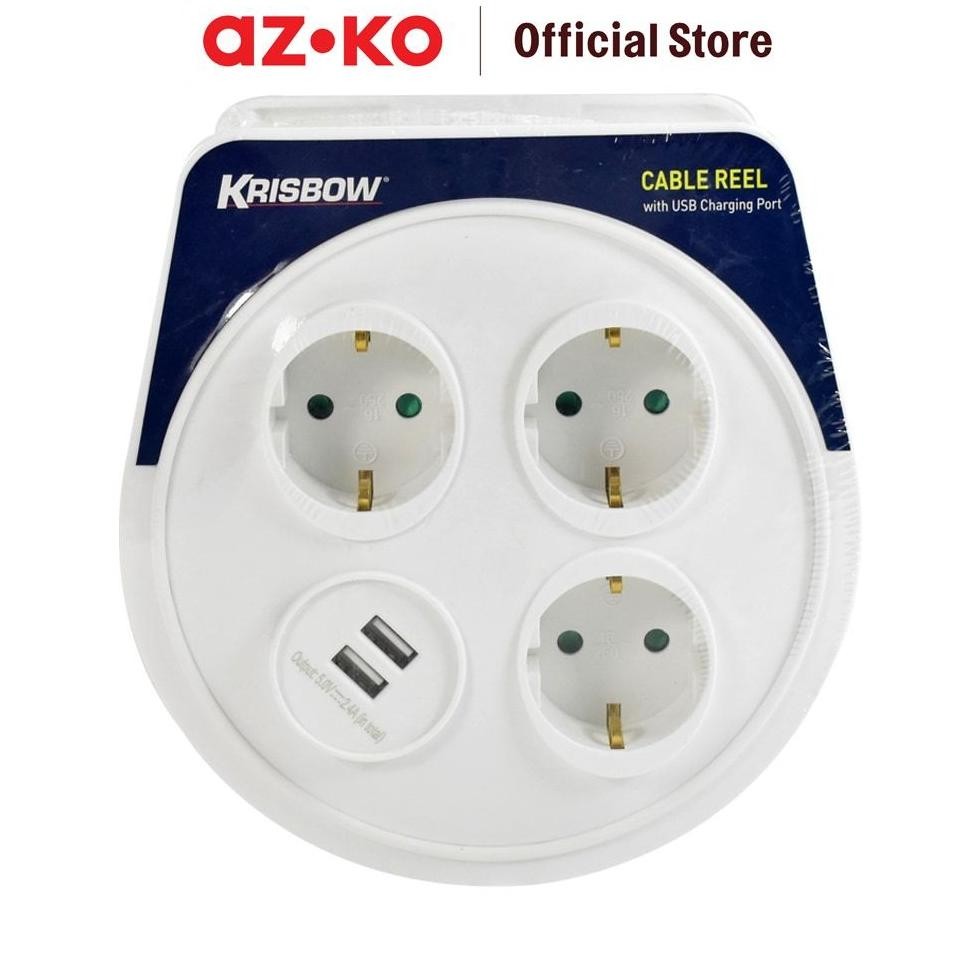 Azko Krisbow Kabel Roll Dengan USB 7 Mtr 2.4A Cable Reel Terminal Colokan Listrik Peralatan Elektron