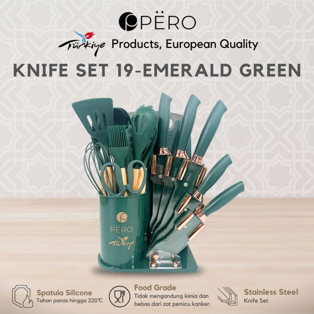 Terlaris Pero Set Of 19 Utensils Silicone Spatula & Knife With Holder / Peralatan Masak 19 In 1 Spat