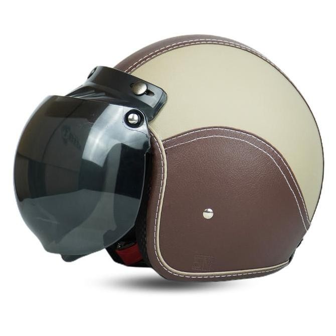 Helm Bogo Retro Kulit Full Leher Dewasa SNI Kaca Datar Coklat Motorcycle Helmet Terlaris