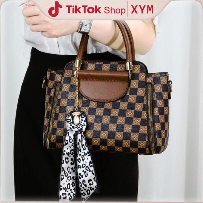 Baru Tas Boston Kotak-Kotak 2025 Coklat Khaki - Tas Tangan Elegan Cewek Wanita Karir Handheld