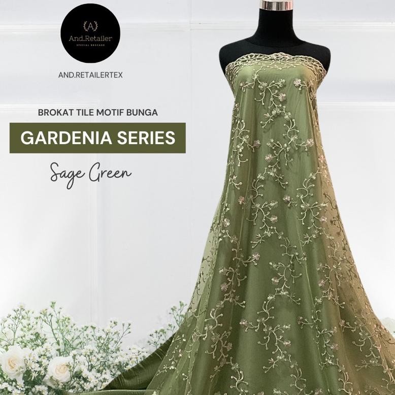 DB21>> Bahan Kain Brokat Tile Gardenia 2 tone Motif Bunga Daun rambatan Warna Sage Green