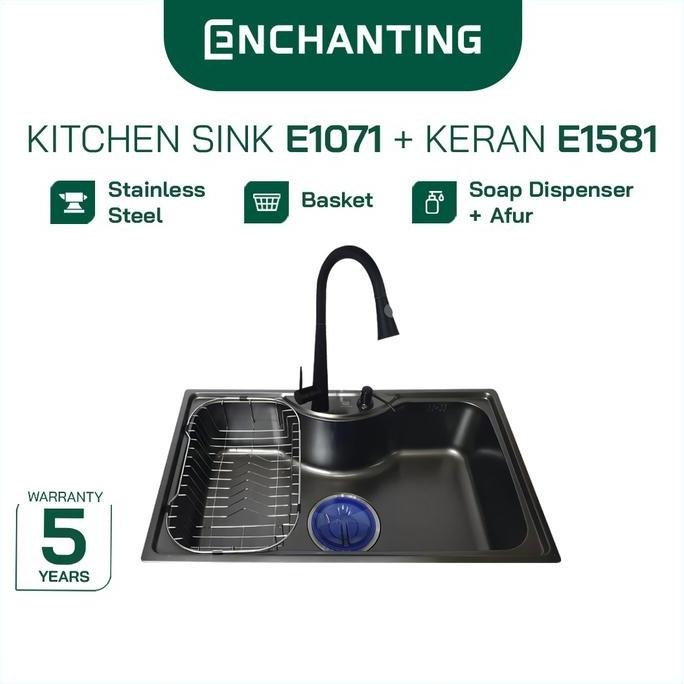 Premium ENCHANTING Kitchen Sink Stainless Steel SS 304 1 Bowl Black 79x49 | Bak Wastafel Cuci Piring
