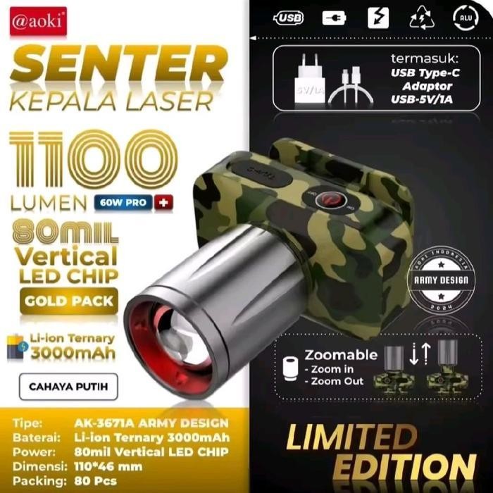 New Aoki Army Senter Zoom Super Terang 1100 Lumen Cahaya Putih 60 Watt Pro+ 20 Jam Terbaru Best Qual