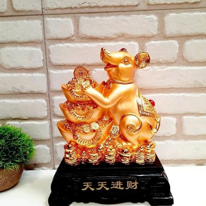 tersedia patung tikus emas tatakan kayu pajangan hoki shio tikus imlek murah