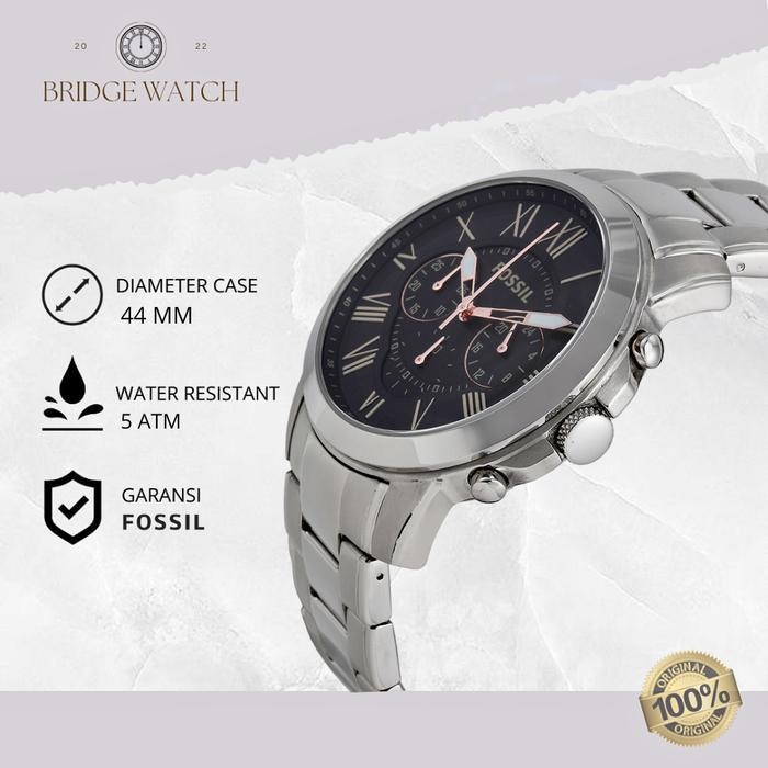 Jam Tangan Pria Fossil Grant Chronograph Silver Stainless Steel Mewah Original Fs4994