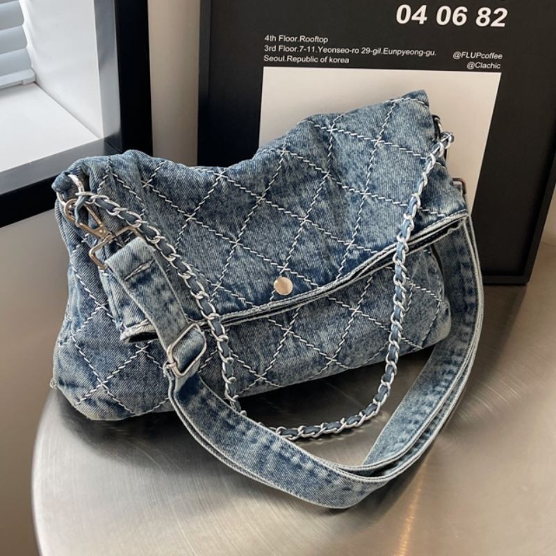 Tas Ketiak Denim Vintage Gaya Chanel Berlapis Tinggi Wanita
