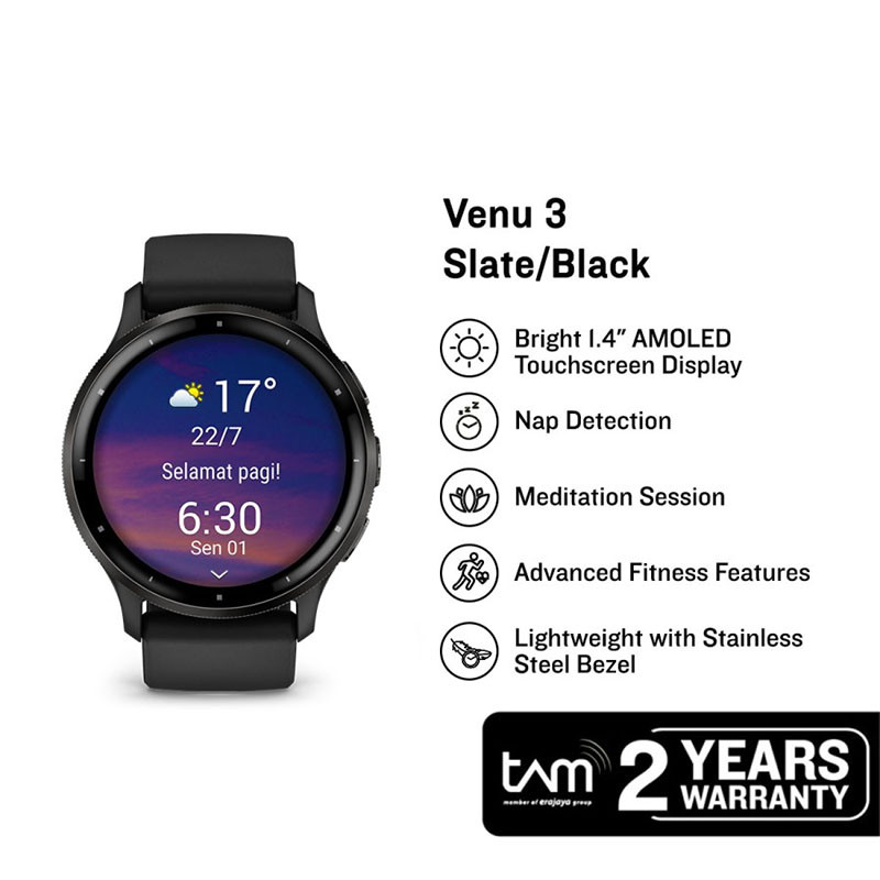Jam Tangan Pria Garmin Venu 3 010-02784-51 Smartwatch Digital Dial Black Silicone Band