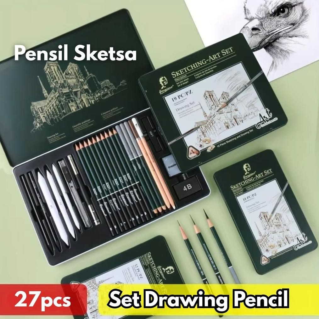 

27pcs Giorgione Set Drawing Pencil Pensil Sketsa Sketch Tin Box Profesional Arang Penghapus BR081