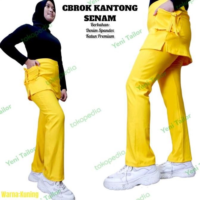 celana senam rok kantong kuning bahan denim spandex katun
