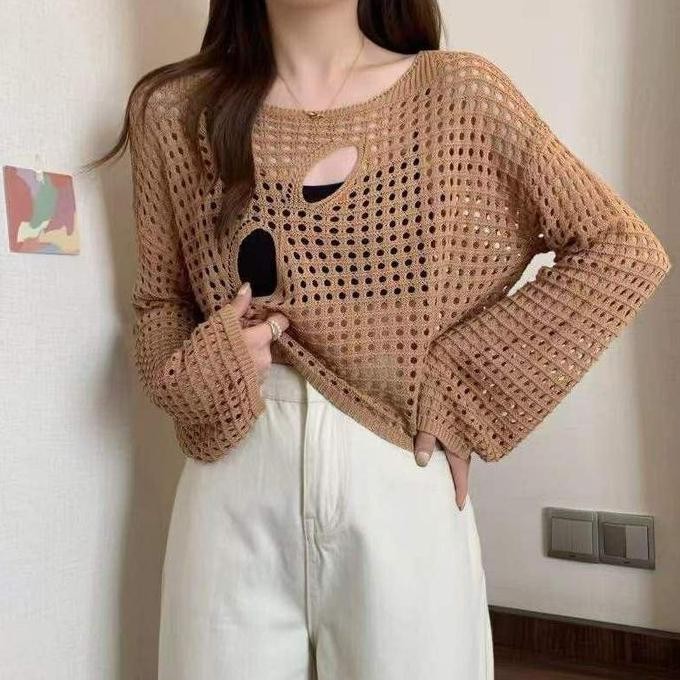 Outer rajut Atasan Croptop Jaring | A723 | Fashion Lengan Panjang Wanita Korean style