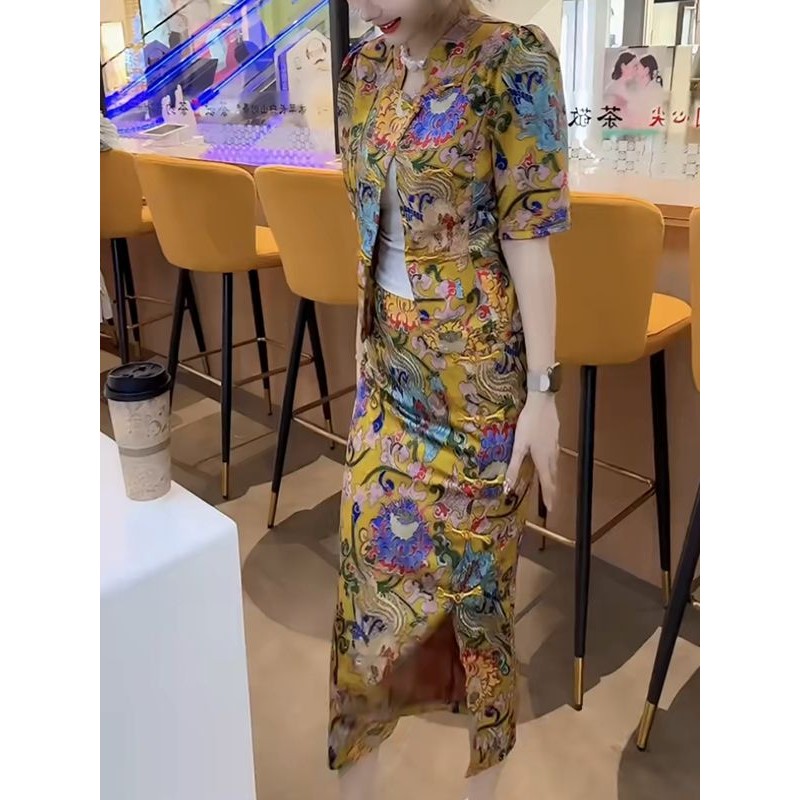 Jaket Cetak Gaya Cina Baru+Set Rok Dua Potong Wanita