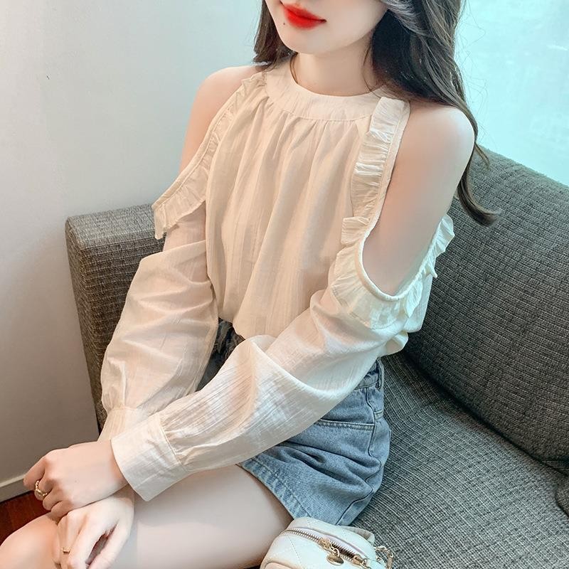 Gaya Baru Tali Leher Berkerut Off-Shoulder T Baju Wanita KAOS
