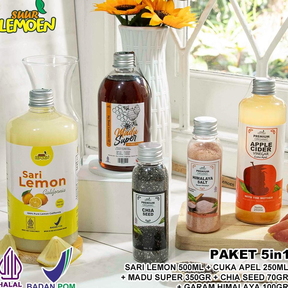 

Suur Lemoen Paket 5In1 Paket Cuka Apel Sari Lemon Chia Seed Madu Hutan Garam Himalaya