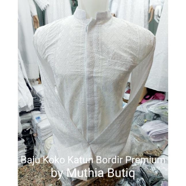 Sg Baju Koko Putih Lengan Panjang, Bahan Katun Bordir By Muthia Butiq ( Mb ).