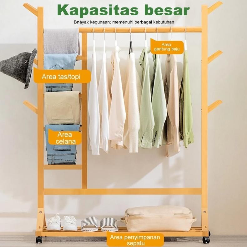 Rak Baju Kayu 106cm with 4 Roda Portable - Lemari Gantung Rollable Serbaguna untuk Kosan, Kamar Keci