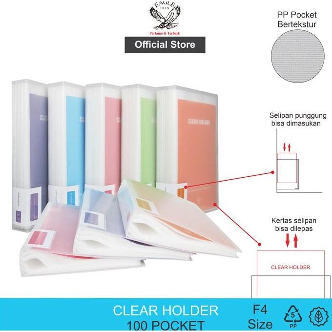 

TERBARU - EAGLE FILES Clear Holder Transparan / Document Keeper / Display Book / Document Keeper Warna Neon F4 (Folio) 100 Pocket