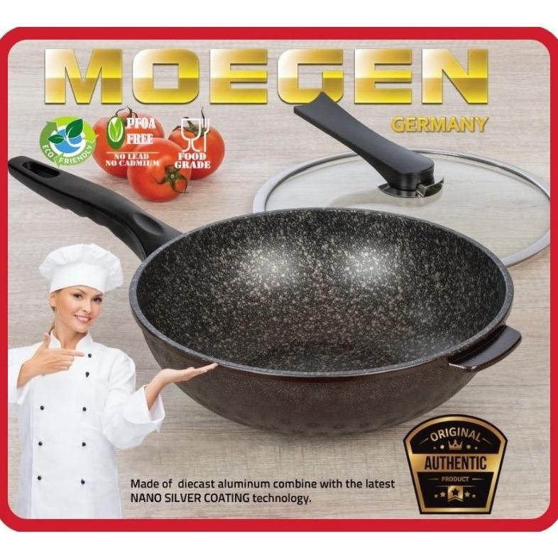 Murah Moegen Panci Wokpan /Wok Pan 30Cm Germany + Tutup Kaca Teflon Anti Lengket Deep Fryer