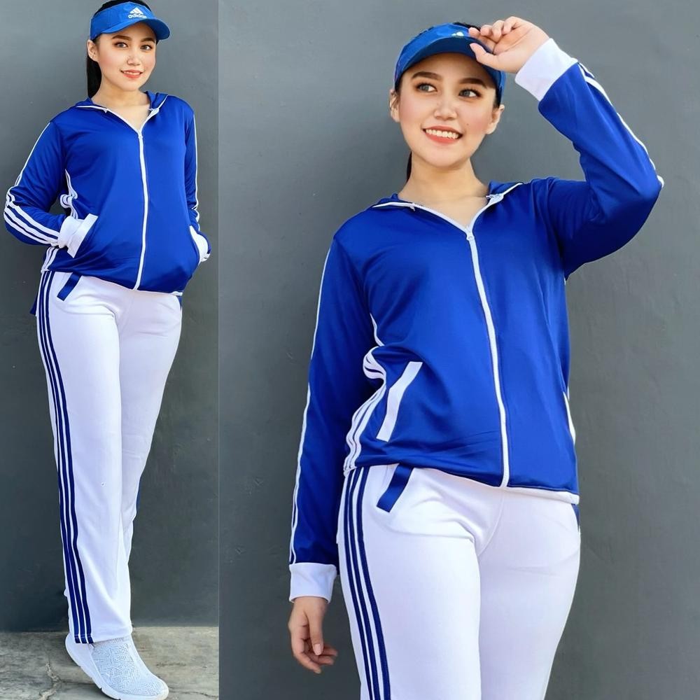Setelan Baju Senam Lapangan Training Biru Putih Hijab Cycling Fitness Olahraga Panjang Nugi