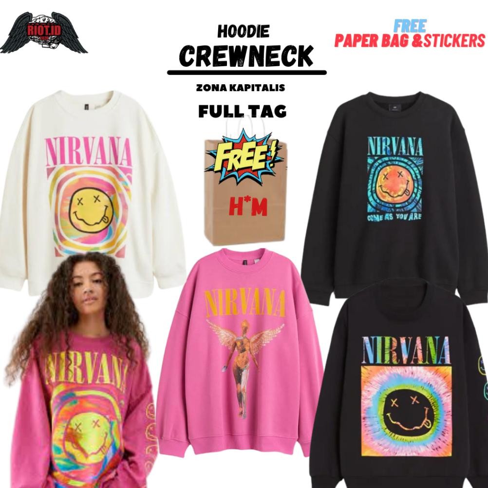 ''Terlaris" (3.3) Crewneck Sweater Hm Nirvana Smile Pink Free Paper Bag Full Tag Jaket Hoodie Peremp