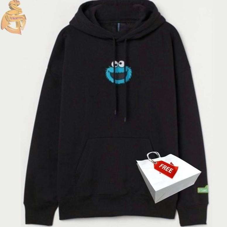 Hoodie Sesame Street Elmo Hitam Hm Black Pria Wanita Full Tag Free Paper Bag