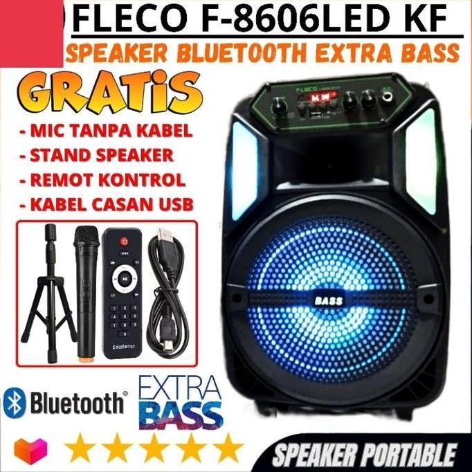 TERMURAH SPEAKER BLUETOOTH FLECO F 8809 LED 8'5 INCH FREE MIC WIRELESS KARAOKE + REMOTE + STAND - SP