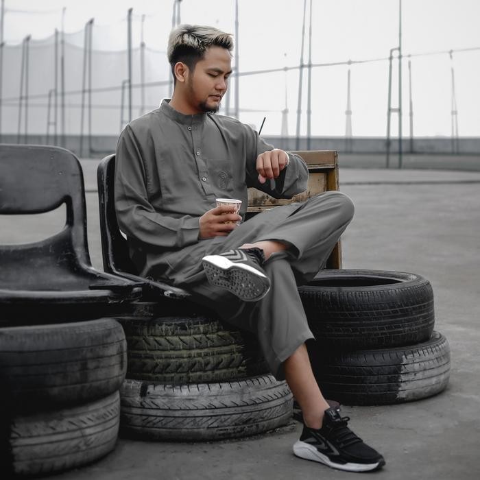 Kurta Pakistan Lengan Panjang Gamis Pria Setelan Celana Baju Koko Kurta Pria Dewasa Terbaru ( Abu-Ab