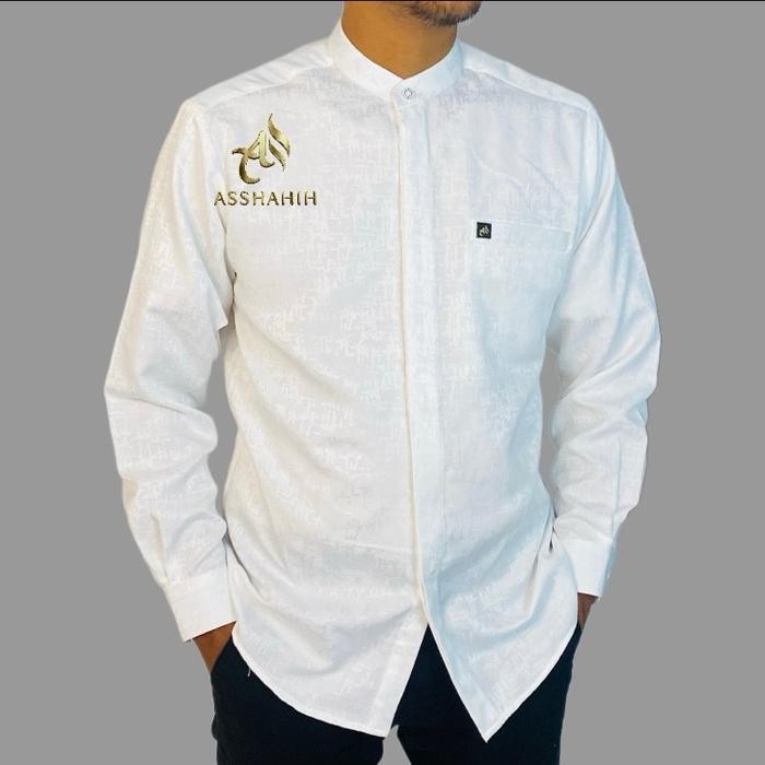 Asshahih Kemko Jaguar Motif Abstrak Baju Muslim Pria  Formal Kerah Sanghai Lengan Manset Saku Paspol