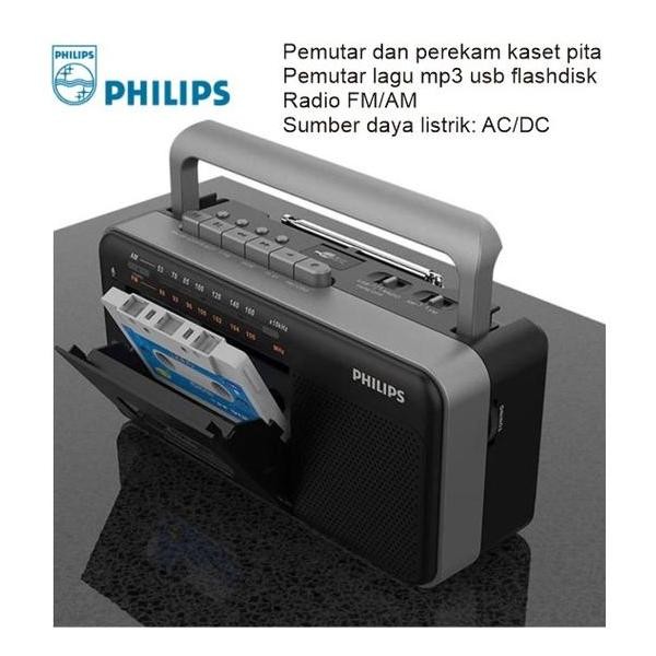 Pemutar Kaset Pita Philips TAR3568 Kaset Recorder - Radio FM/AM - Pemutar Lagu MP3 USB untuk Lansia 
