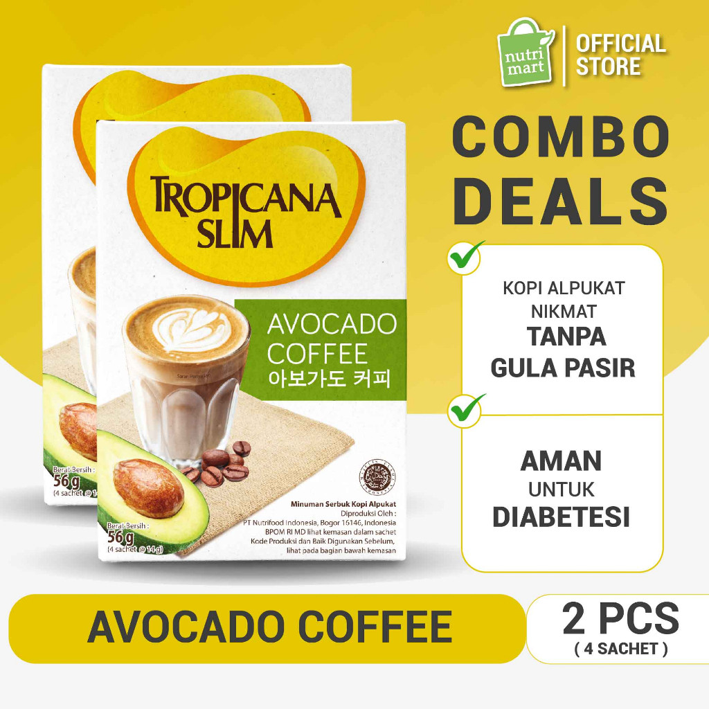 Twin Pack - Tropicana Slim Avocado Coffee 4 Sachet - Kopi Susu Nikmat Tanpa Gula Pasir
