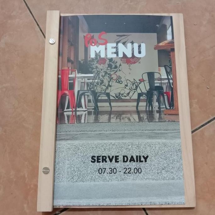 

New buku menu restoran cafe bahan kayu model jepit A4