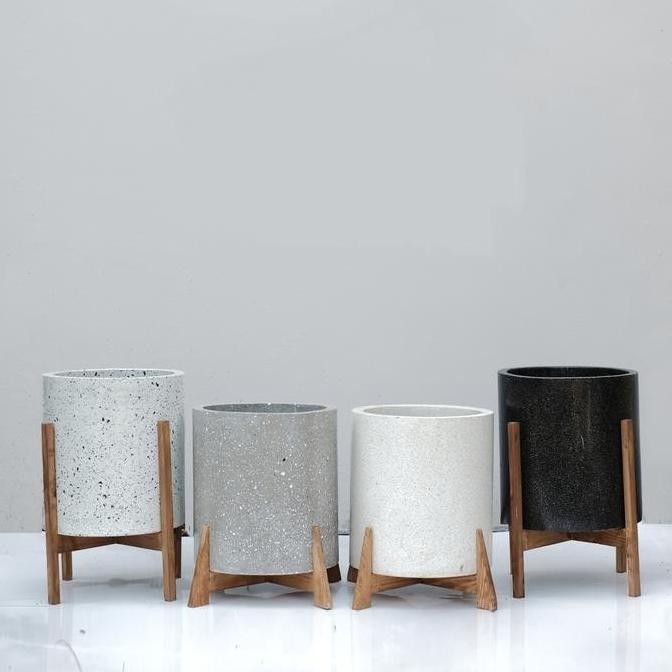Original Pot Tanaman Silinder Concrete + Wood Standing Modern Minimalis Shopee