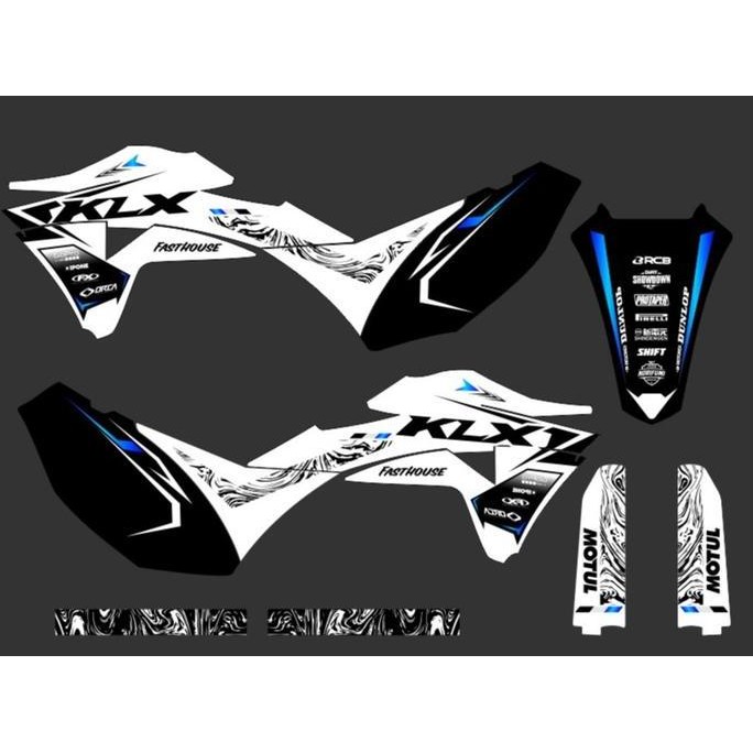 Decal stiker KLX Gordon motif kombinasi hitam putih lis biru