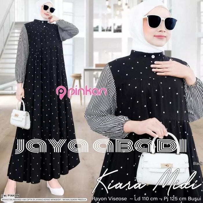 EF Gamis Dres Motif Polkadot Lengan Salur Bahan Rayon Premium Wanita Muslim