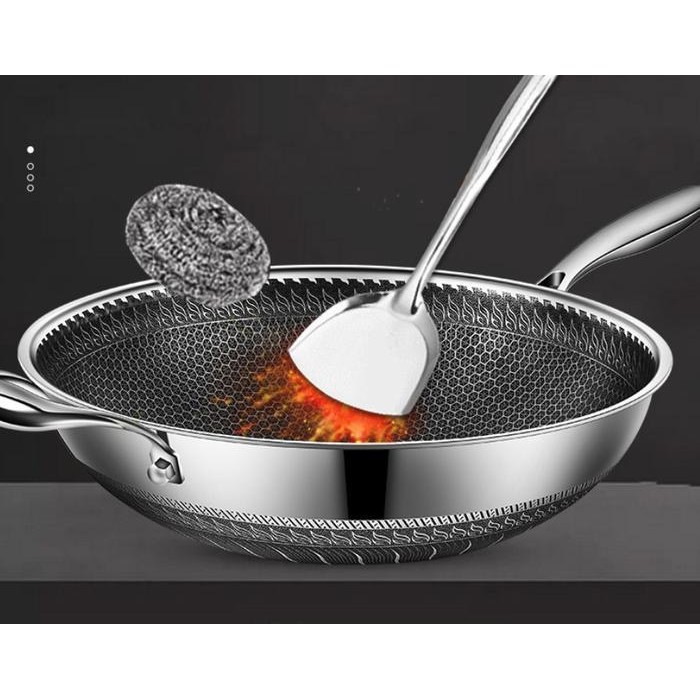 Premium Wajan Wok Pan Stainless 304 Anti Gores Anti Lengket
