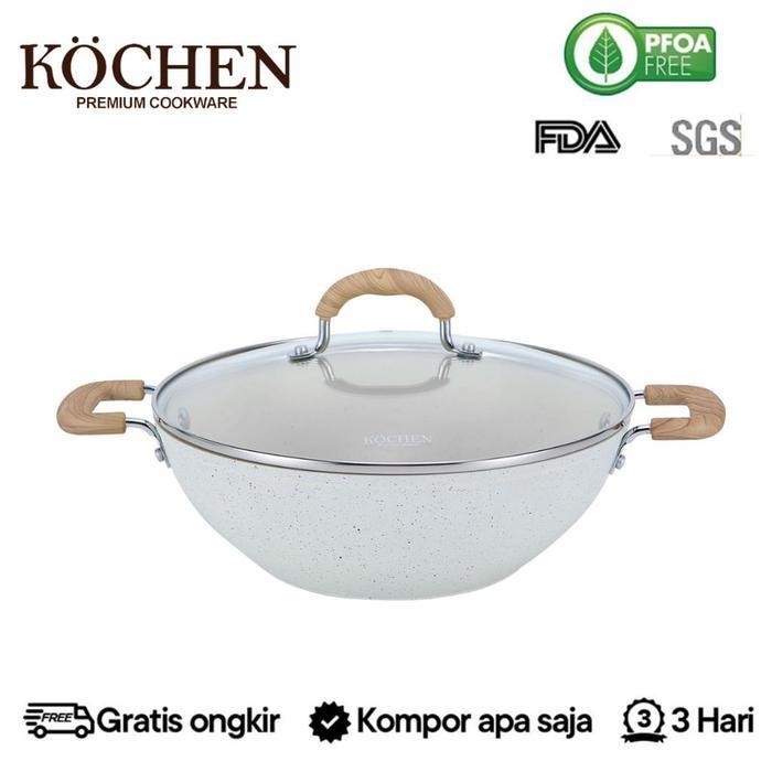 Kochen Panci Wajan Penggorengan Wokpan 28Cm Granit Free Tutup Anti Lengket Non-Stick Cream Kitchenwa