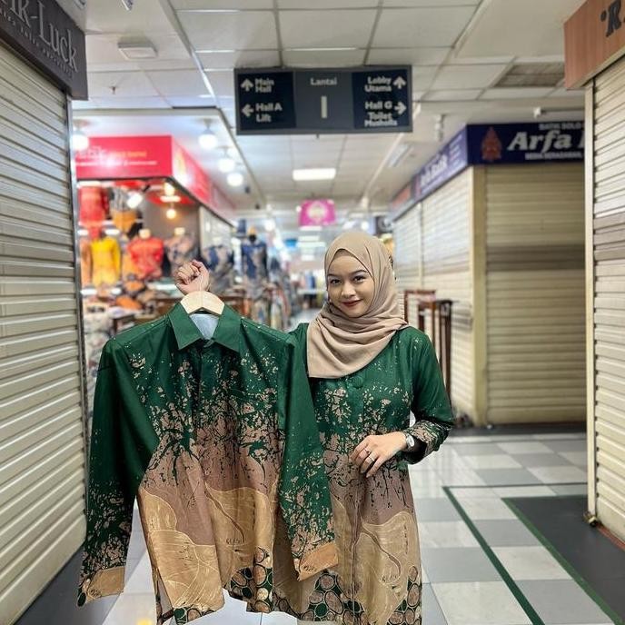 BATIK TUNIK WANITA COUPLE BAHAN KATUN SOLO PREMIUM MOTIF TULIP HIJAU BOTOL