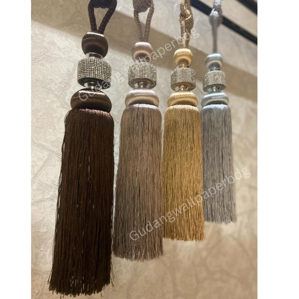 Tassel Tali Gorden Cyrstal Rumbai Mewah Cream Coklat Silver Premium Nugi