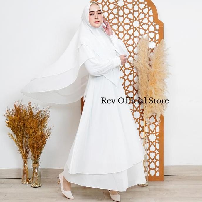 Gamis Rev Set Khimar Wanita Syar'I Busana Haji Dan Umroh Putih Ceruty