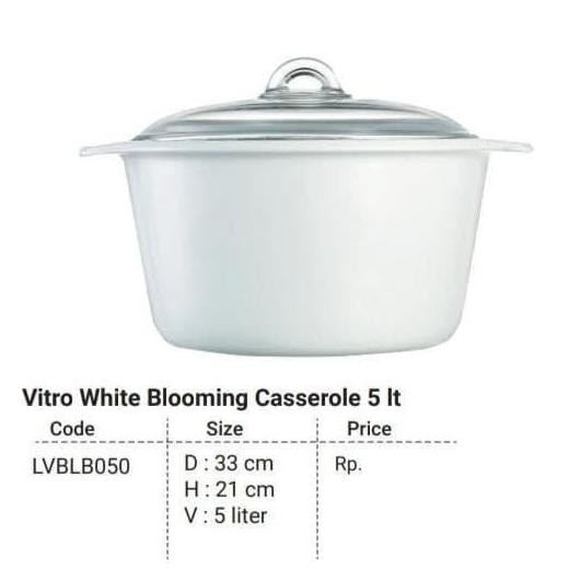 LUMINARC VITRO TEMPERED BLOOMING WHITE CASSEROLE 5 LITER