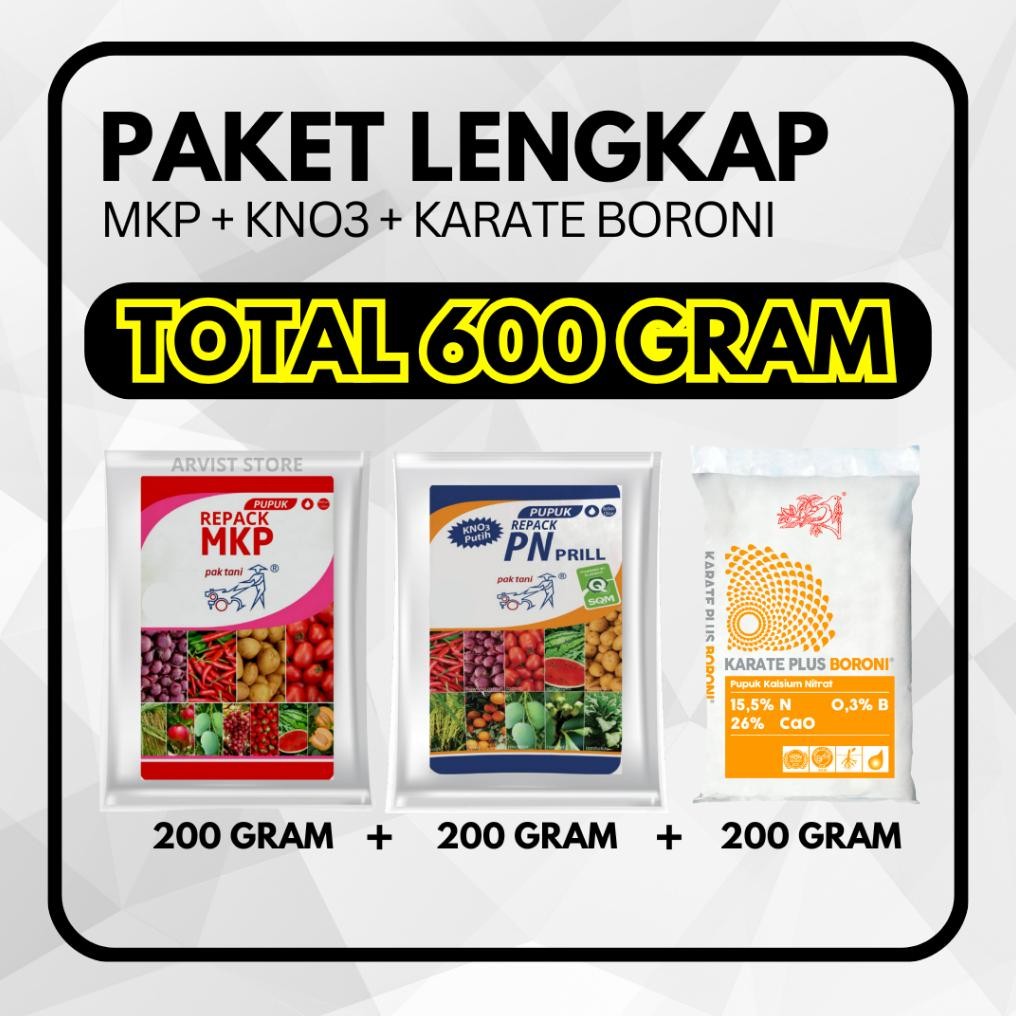 Paket Pupuk MKP + KNO 3 PUTIH + KARATE BORONI + NPK 16/Mutiara Grower Pak Tani Total 600 Gram Nugi