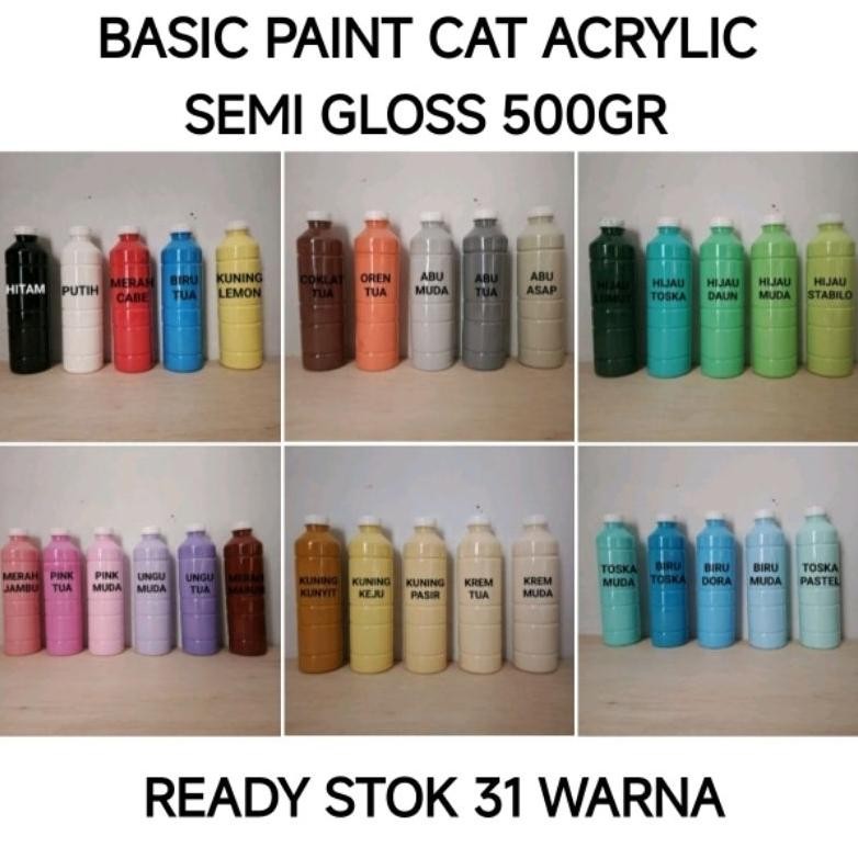 

BASIC PAINT CAT AKRILIK SEMI GLOSS 500GR cet lukis premium satuan murah untuk lukis kanvas dasar mural tembok kayu clay gypsum pot sepatu mewarnai styrofoam dll waterbase - armina art Nugi