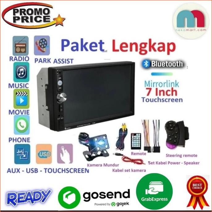 Head Unit Tape Mobil Double Din + Kamera Mundur Remote Setir Agya Ayla