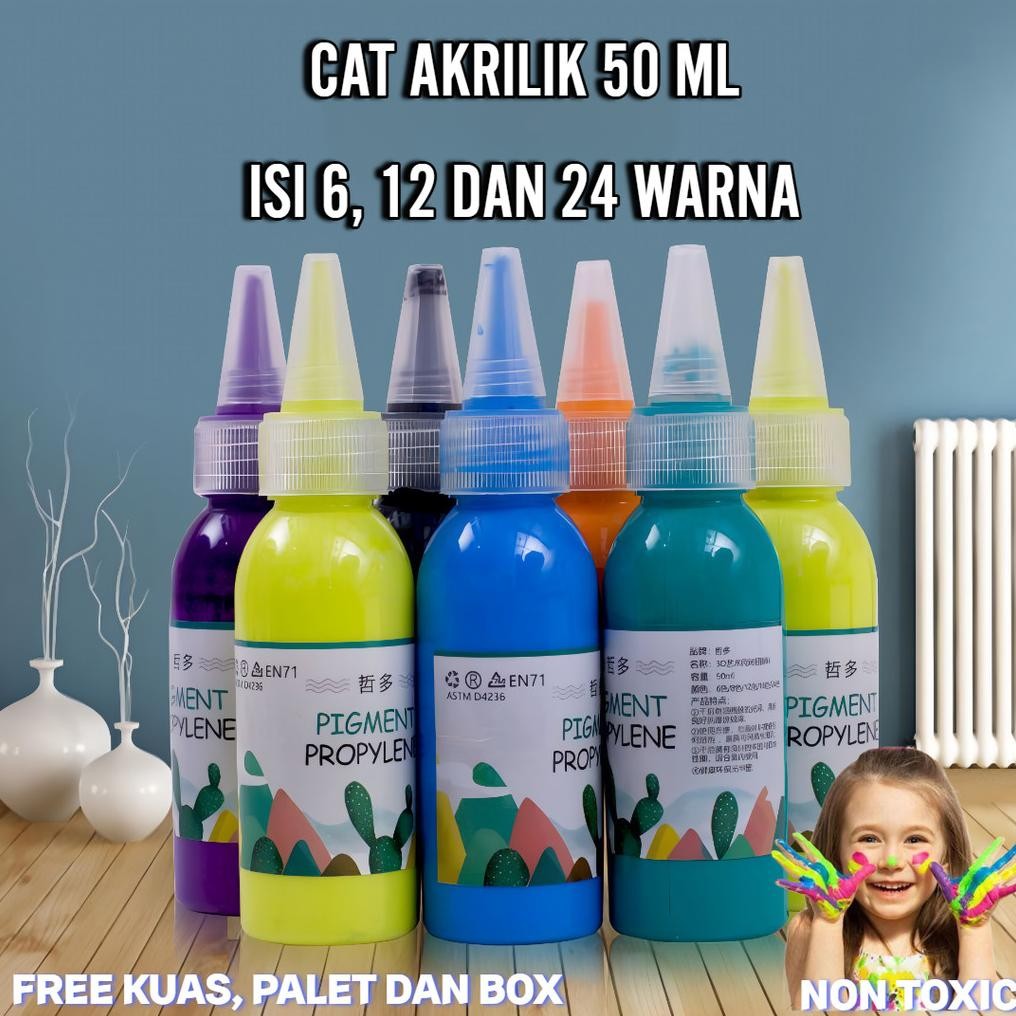 

CAT AKRILIK MELUKIS UKURAN 50 ML ISI 6, 12 DAN 24 WARNA DAPAT DIGUNAKAN UNTUK CAT TELAPAK TANGAN Nugi