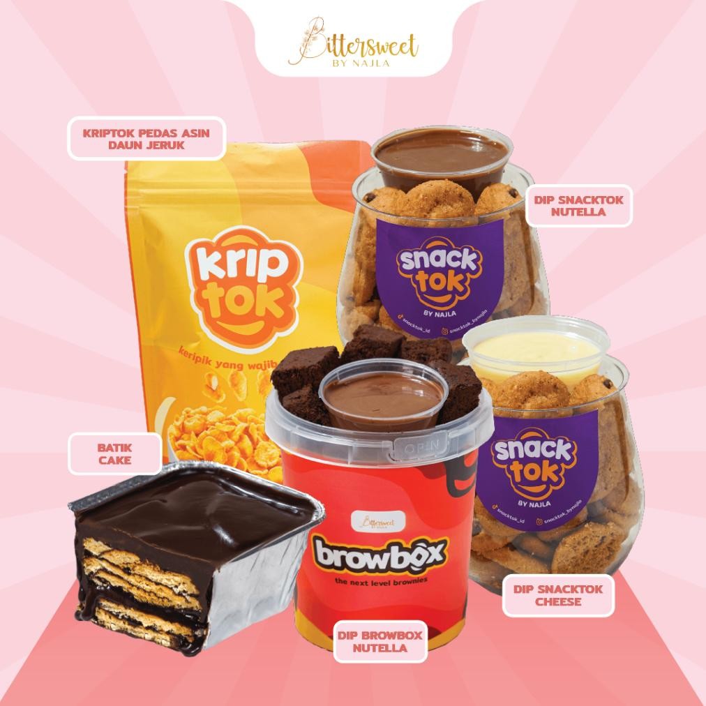 

NO_MORE 2 DIP Snacktok ( Cheese & Nutella ) + DIP Browbox Nutella + Kriptok Pedas Asin Daun Jeruk + Batik Cake [ Best Price ]