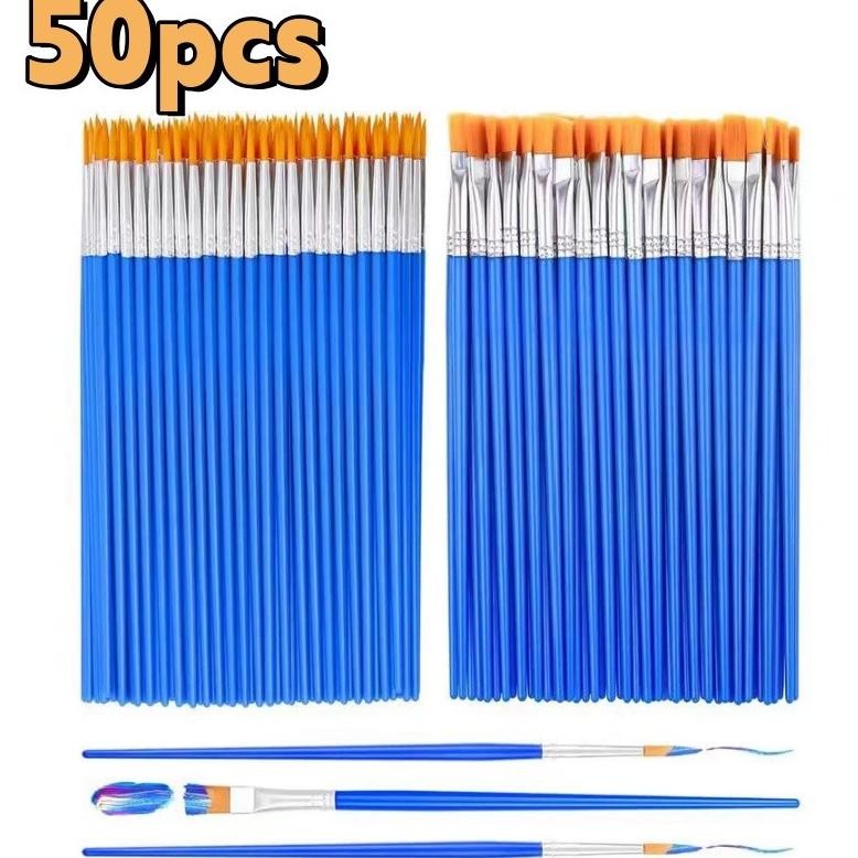 

50 pcs, Set Kuas Akrilik Ujung Datar, Kuas Artis Bulu Nilon, Kuas Cat Air Biru Nugi