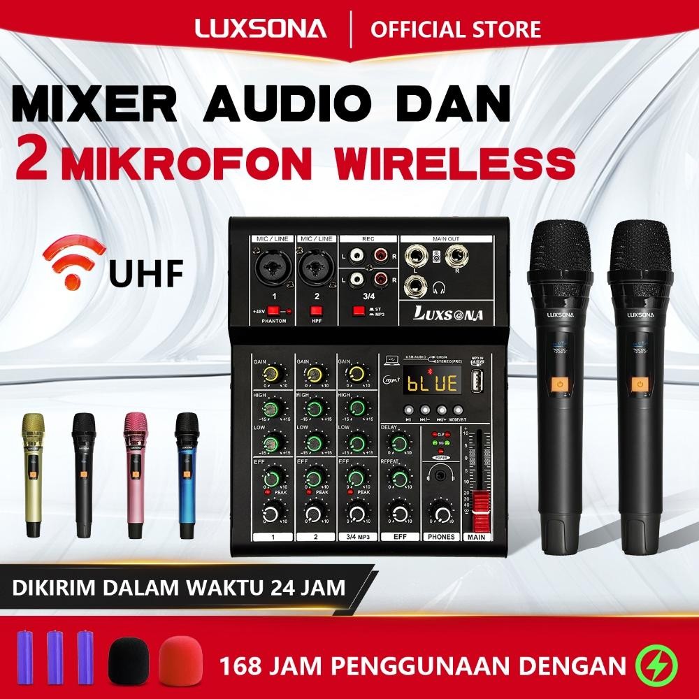 RAKSA LUXSONAMixer 4 chanel + 2 Mikrofon UHF/Mixer Audio/Mixer Mini/ premium Amplifier Bluetooth mik
