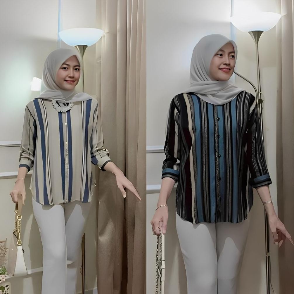 Atasan Wanita Rayon / Kemeja Rayon Motif Salur Kekinian Jumbo