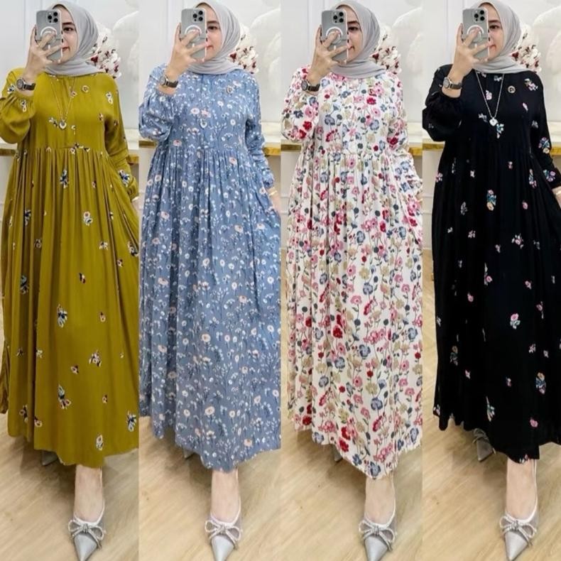 Midi Dress Flower Busui Motif Bunga LD 110cm PB 125cm Bahan Rayon Premium Terlaris Gaun Muslim Kekin