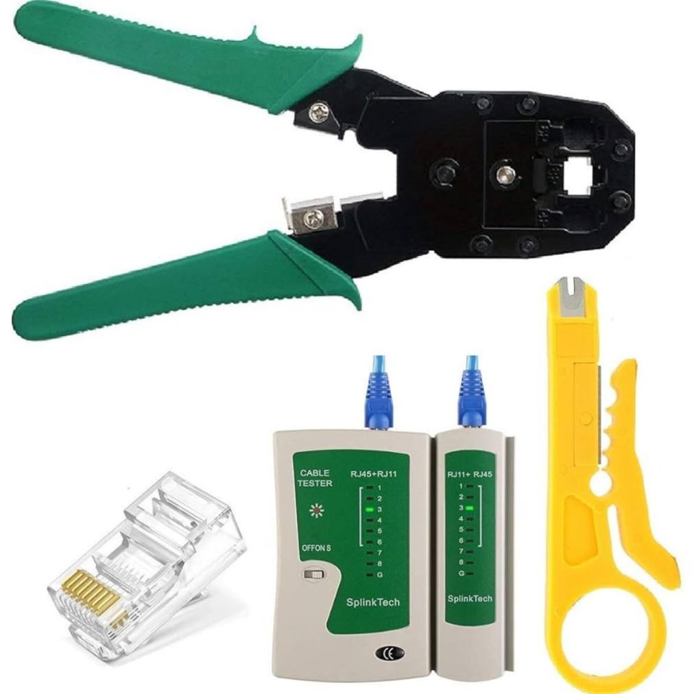 SET CRIMPING TANG + LAN TESTER + RJ45 20 PC NETWORK LAN CABLE TESTER CONNECTOR aSt