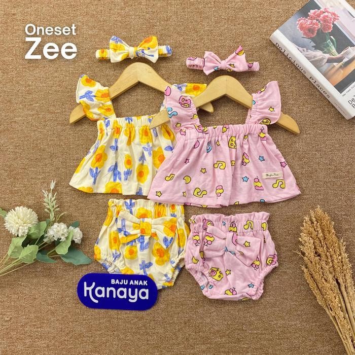 Scm Setelan Zee By Maybee Oneset Dress Bayi Newborn 3 In 1 Include Headband 0-15 Bulan